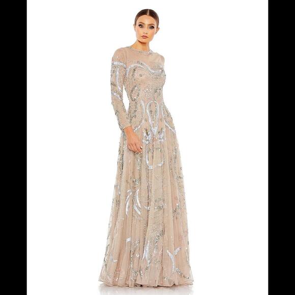 Mac Duggal Women's Embellished Illusion Long Sleeve A Line Color Nude Size 10